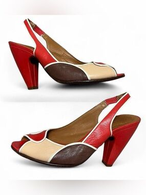 Designer Chie Mihara Retro Leather Red Cream Brown Slingback Peep-Toe Heels